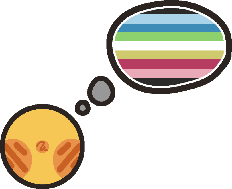  a blushing emoji face under a thought bubble filled with the queer pride flag 